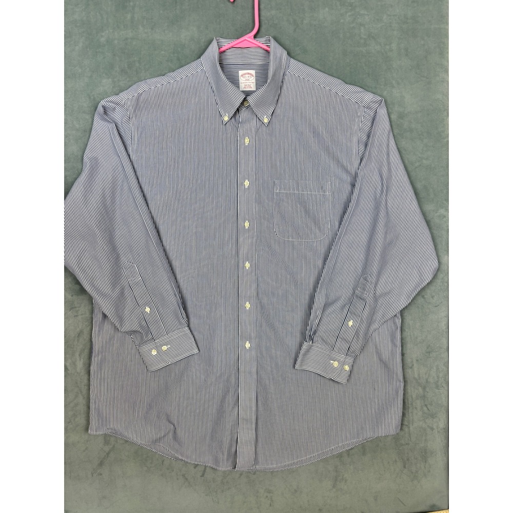 Brooks Brothers 346 Mens 17.5 4/5 Blue White Striped Non-Iron Cotton Shirt